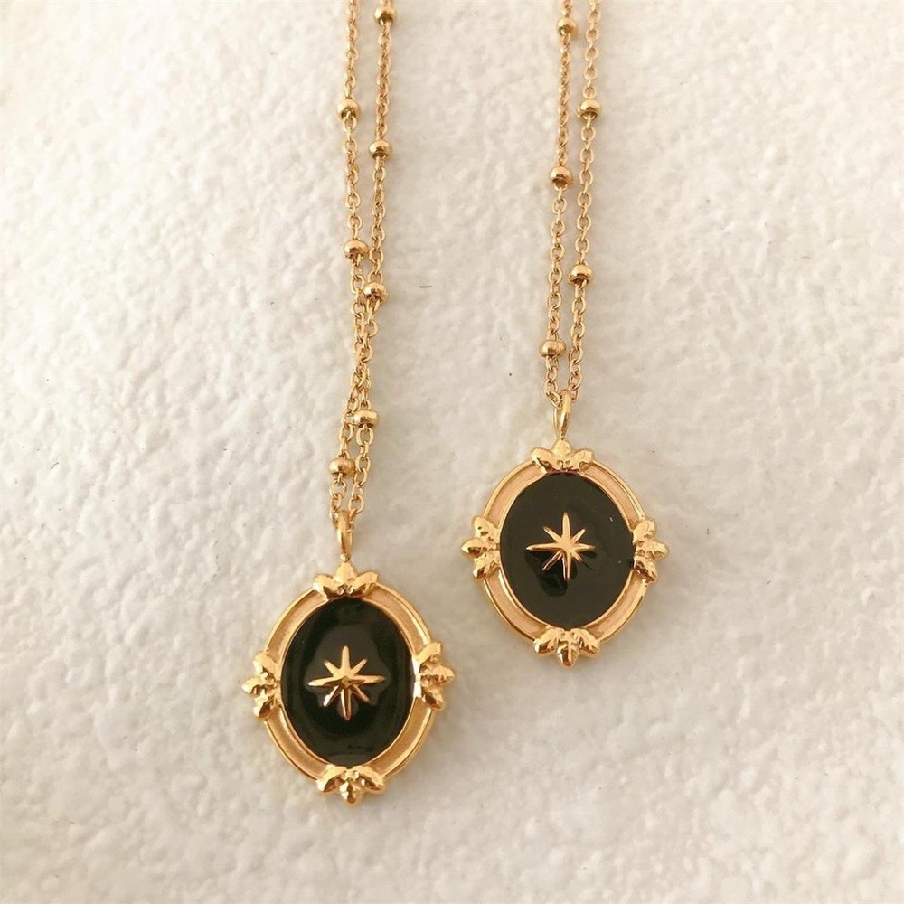 Black enamel pendant necklace, North Star pendant necklace, retro necklace